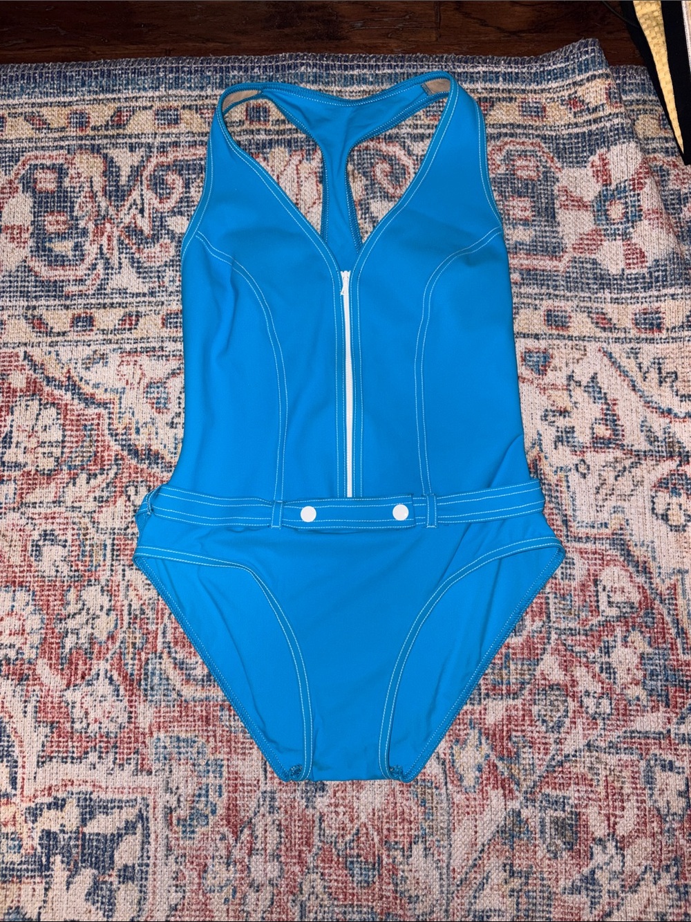 Karla Coletto Blue Zip Front Belted One Piece Swimsuit SZ 12 EUC